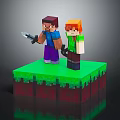 Two Minecraft Style Characters Standing on Green Block Platform Holding Sword 3d model