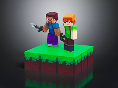 Two Minecraft Style Characters Standing on Green Block Platform Holding Sword 3d model
