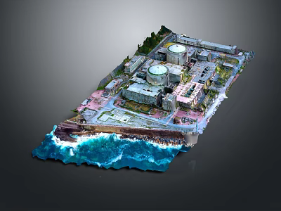 Coastal Industrial Building Complex with Dome Structures Near Ocean Water and Green Vegetation Areas 3d model