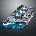 Coastal Industrial Building Complex with Dome Structures Near Ocean Water and Green Vegetation Areas