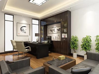 Modern Office Interior Design With Wooden Desk Leather Chair Sofa And Green Plants 3d model