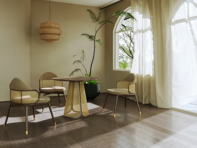 Modern Dining Table Set with Four Chairs Woven Pendant Light Potted Plant and Arched Window 3d model