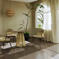 Modern Dining Table Set with Four Chairs Woven Pendant Light Potted Plant and Arched Window