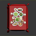 Dining Table With Red Tablecloth And Various Dishes Bowls On Top