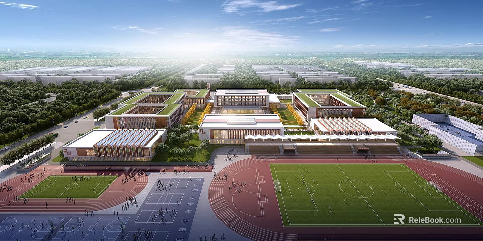 Modern School Campus With Spacious Buildings Playground Running Track And Green Areas 3d model 