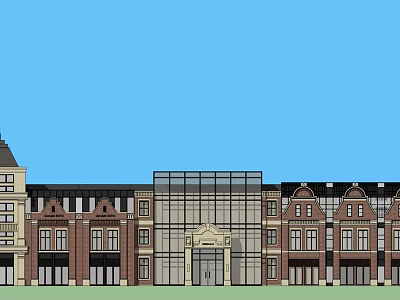Traditional Modern Architecture With Red Brick Facade Glass Curtain Wall Multi Storey Building Main Entrance 3d model