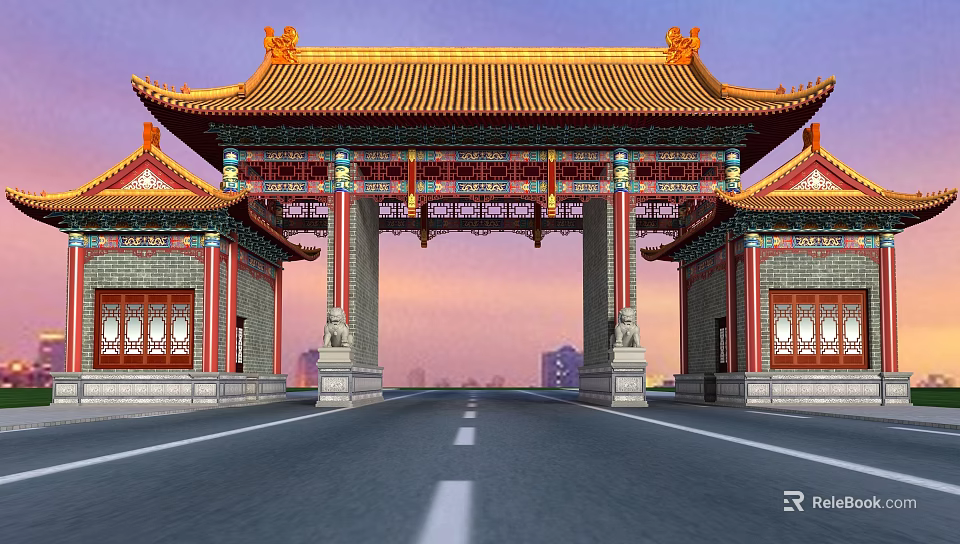 Traditional Chinese Entrance Gate With Golden Roof Red Pillars And Elaborate Decorations Against Sunset Sky 3d model 