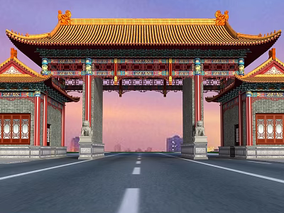 Traditional Chinese Entrance Gate With Golden Roof Red Pillars And Elaborate Decorations Against Sunset Sky 3d model
