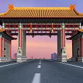 Traditional Chinese Entrance Gate With Golden Roof Red Pillars And Elaborate Decorations Against Sunset Sky