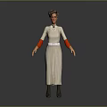 Elderly Female Game Movie Character In White Dress With Red Sleeves And Gray Hair
