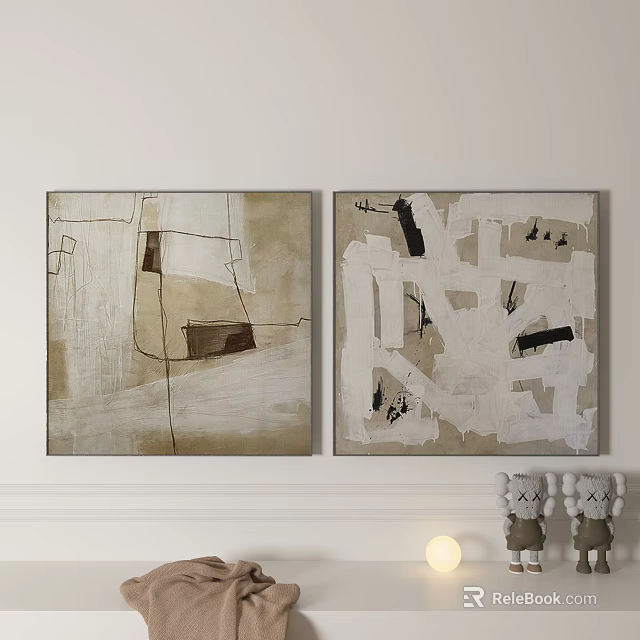 Minimalist Abstract Paintings Hanging On Wall With Neutral Tones And Geometric Lines 3d model 