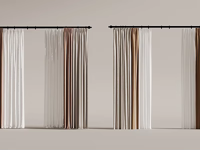 Modern Soft Curtains In White Beige Brown Hanging On Black Rods 3d model