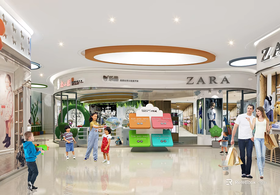 Bright Modern Shopping Mall Atrium With ZARA Storefront And Shopping People 3d model 