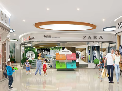 Bright Modern Shopping Mall Atrium With ZARA Storefront And Shopping People 3d model