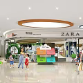 Bright Modern Shopping Mall Atrium With ZARA Storefront And Shopping People