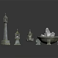 Mythical Stone Decorative Structures With Tall Towers Lanterns Flame And Crystal Bowls