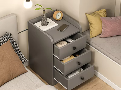 Gray Modern Nightstand with Three Drawers and Top with Potted Plant Alarm Clock Book Phone 3d model