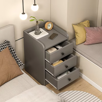 Gray Modern Nightstand with Three Drawers and Top with Potted Plant Alarm Clock Book Phone 3d model