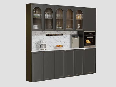 Modern Wine Cabinet With Glass Doors Dark Gray Cabinetry Countertop And Kitchen Appliances 3d model