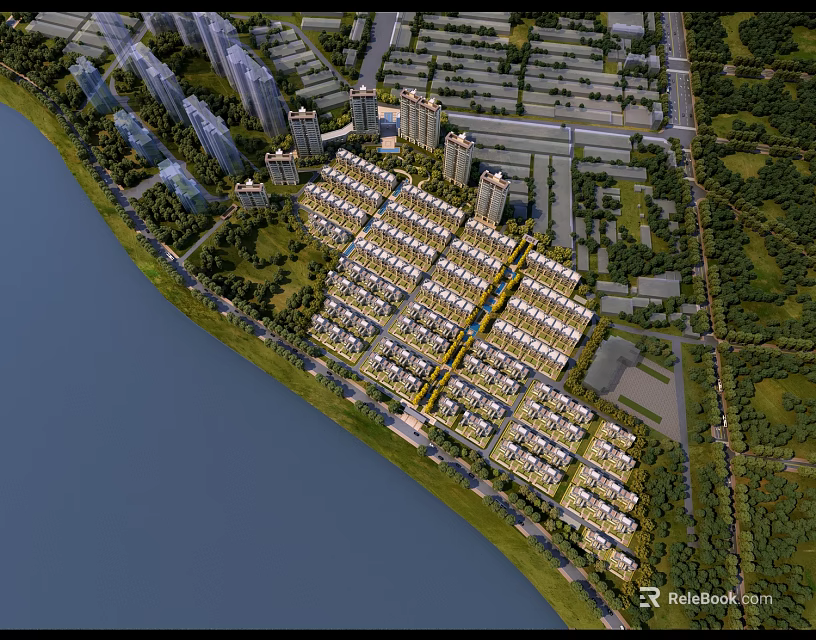 Aerial View Planning of Waterfront Residential Area With Green Spaces and Buildings 3d model 