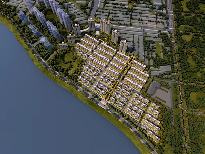 Aerial View Planning of Waterfront Residential Area With Green Spaces and Buildings 3d model