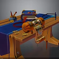 Wooden Workbench Interior With Blue Mat And Colorful Craft Tools