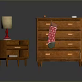 Wooden Dresser And Nightstand With Table Lamp And Christmas Stocking Decor