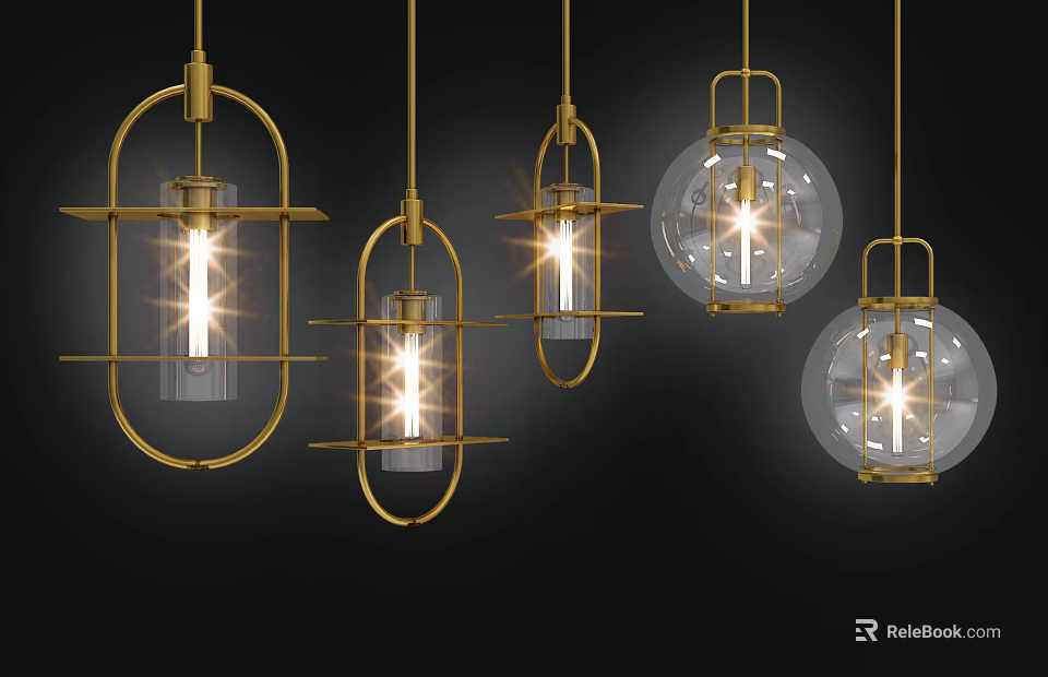 Illuminated Modern Pendant Lights With Golden Frames And Glass Globes 3d model 