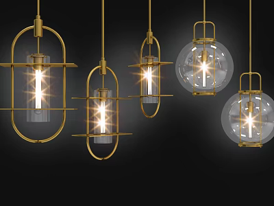 Illuminated Modern Pendant Lights With Golden Frames And Glass Globes 3d model