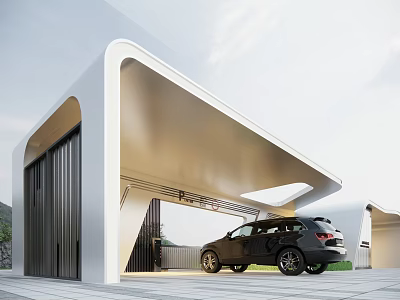 Modern Entrance Gate Design With White Curved Structure And Black SUV In Outdoor Setting 3d model