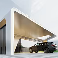 Modern Entrance Gate Design With White Curved Structure And Black SUV In Outdoor Setting