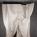 Floral Installation with Beige Pleated Drapes Chandelier Gray Background Wall and Floor