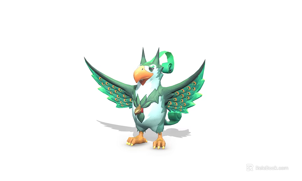 Fantasy Game Movie Character Green Feathered Bird With Large Wings Orange Beak Claws 3d model 