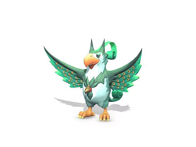 Fantasy Game Movie Character Green Feathered Bird With Large Wings Orange Beak Claws 3d model