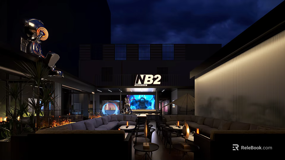 Modern Terrace Bar With Fire Pit Large Screen Comfortable Seating and Nighttime Ambiance 3d model 