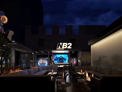Modern Terrace Bar With Fire Pit Large Screen Comfortable Seating and Nighttime Ambiance 3d model