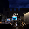 Modern Terrace Bar With Fire Pit Large Screen Comfortable Seating and Nighttime Ambiance