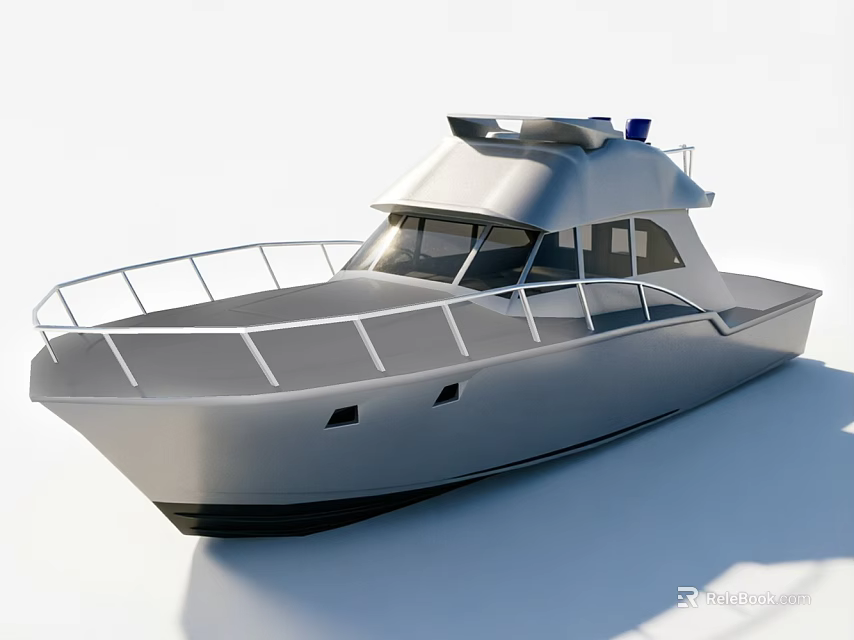 Modern Silver Yacht Exterior With White Railings Flat Deck And Pilothouse 3d model 
