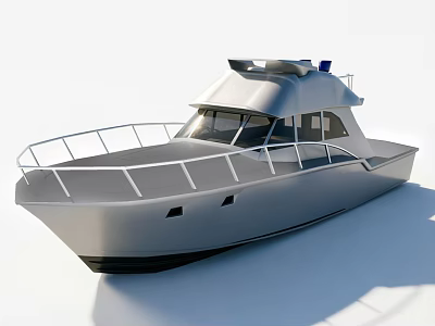 Modern Silver Yacht Exterior With White Railings Flat Deck And Pilothouse 3d model