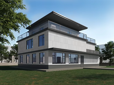 Modern Two Story Detached Villa With Large Glass Windows Terrace And Green Lawn 3d model