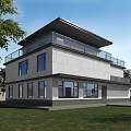 Modern Two Story Detached Villa With Large Glass Windows Terrace And Green Lawn