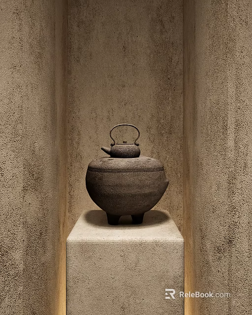 Traditional Style Decorative Ornament Set With Clay Pot On Stone Pedestal And Textured Wall 3d model 