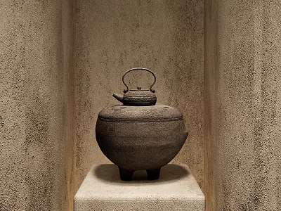Traditional Style Decorative Ornament Set With Clay Pot On Stone Pedestal And Textured Wall 3d model