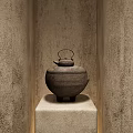 Traditional Style Decorative Ornament Set With Clay Pot On Stone Pedestal And Textured Wall