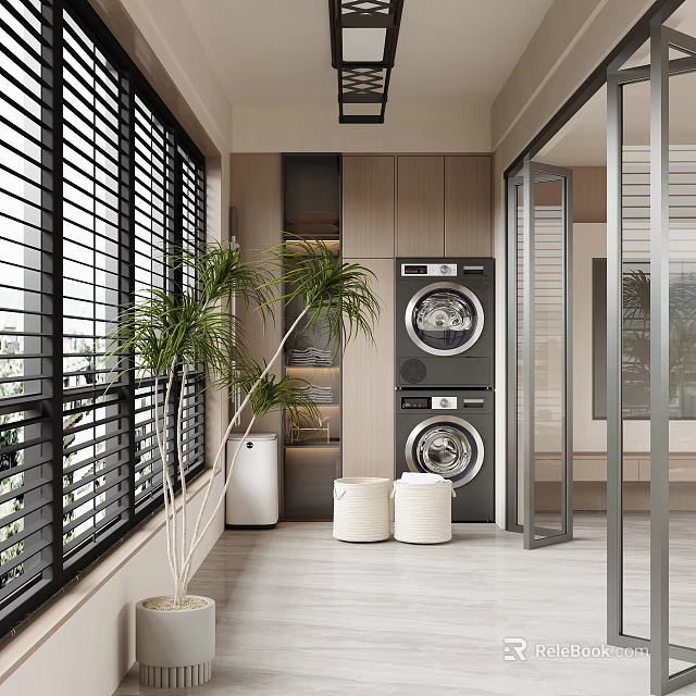 Modern Home Balcony With Stacked Washer Dryer Potted Plants White Stools And Wooden Cabinets 3d model 