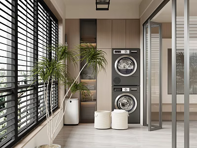 Modern Home Balcony With Stacked Washer Dryer Potted Plants White Stools And Wooden Cabinets 3d model