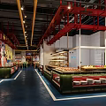 Vibrant Restaurant Interior With Red Walls Murals Yellow Pendant Lights And Colorful Chairs