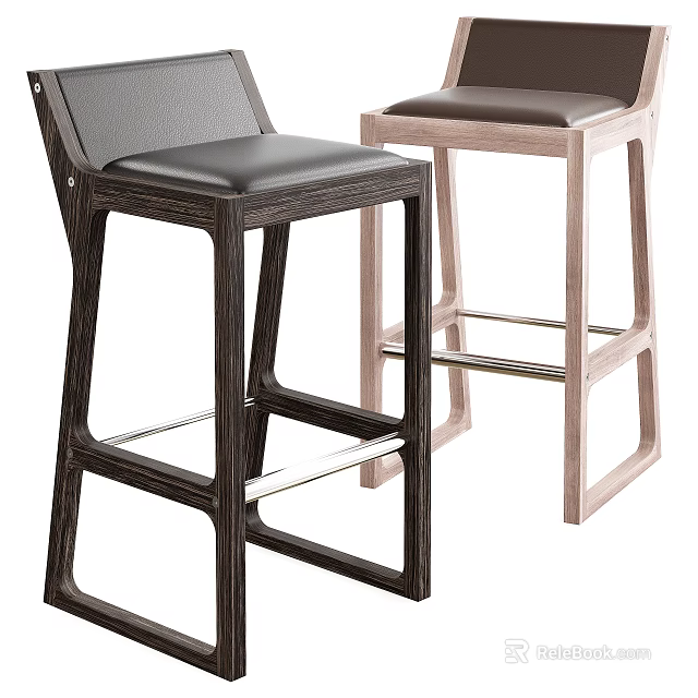 Modern Bar Stools with Leather Seats Dark and Light Wooden Frames and Metal Support Bars 3d model 