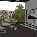 Cozy Courtyard Garden Design With Stone Wall Wooden Flooring Sofa Hammock Chair And Green Plants