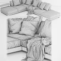 Gray Three Seater Sofa With Woven Armrests Pillows Beige Blanket And Black Side Table 3d model